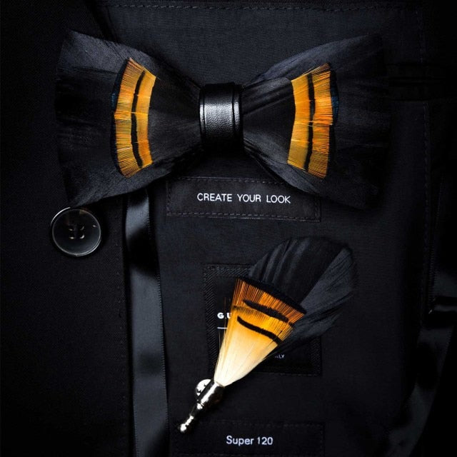 Natural Brid Feather Exquisite Bow Tie Brooch Pin