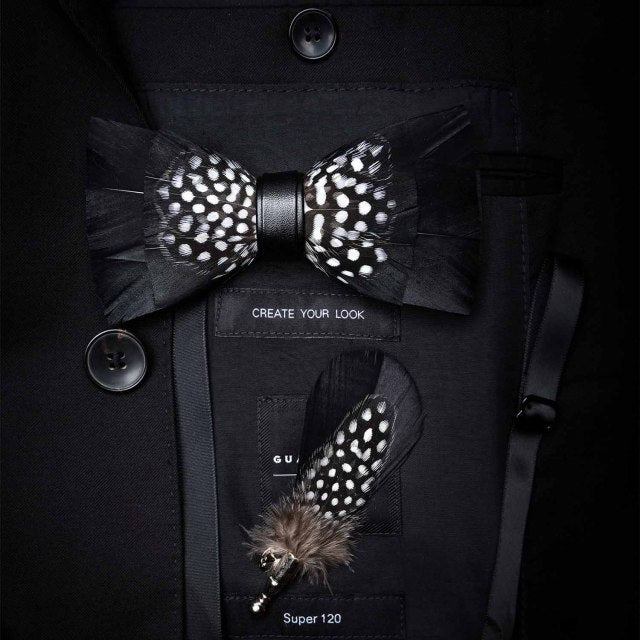 Natural Brid Feather Exquisite Bow Tie Brooch Pin