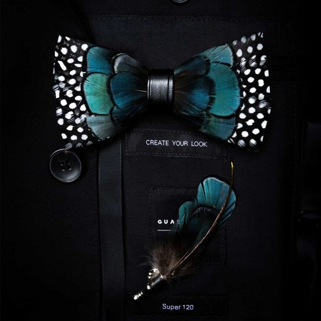 Natural Brid Feather Exquisite Bow Tie Brooch Pin
