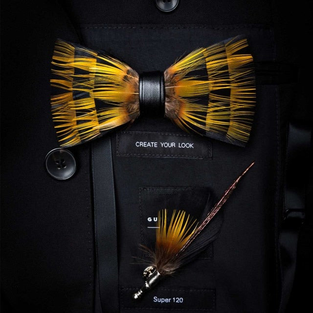 Natural Brid Feather Exquisite Bow Tie Brooch Pin