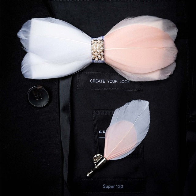 Natural Brid Feather Exquisite Bow Tie Brooch Pin