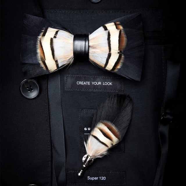 Natural Brid Feather Exquisite Bow Tie Brooch Pin