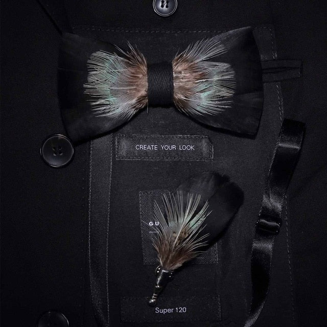Natural Brid Feather Exquisite Bow Tie Brooch Pin