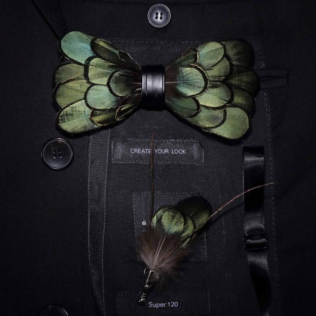 Natural Brid Feather Exquisite Bow Tie Brooch Pin