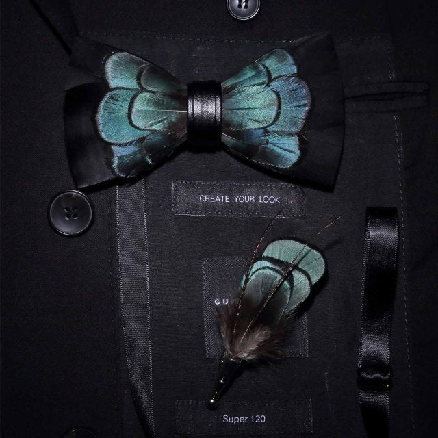 Natural Brid Feather Exquisite Bow Tie Brooch Pin
