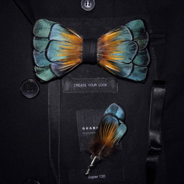 Natural Brid Feather Exquisite Bow Tie Brooch Pin