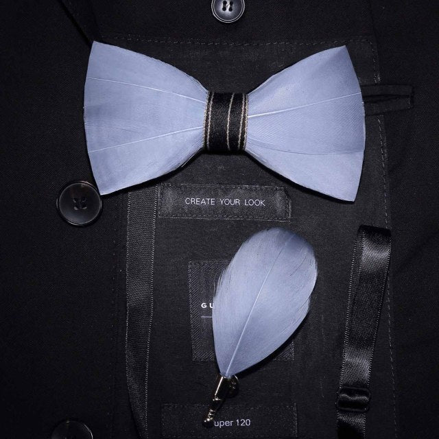 Natural Brid Feather Exquisite Bow Tie Brooch Pin