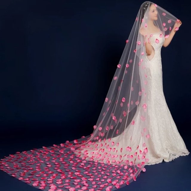 One Layer Lace Pink Petal Veil