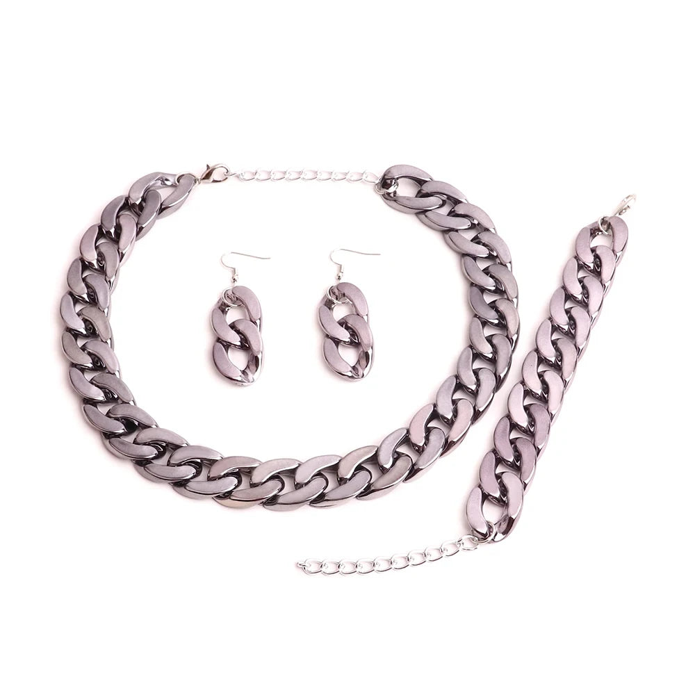 4PCS Acrylic Cuban Chain Necklace Set – Metallic Statement Jewelry for Women Black Gun color