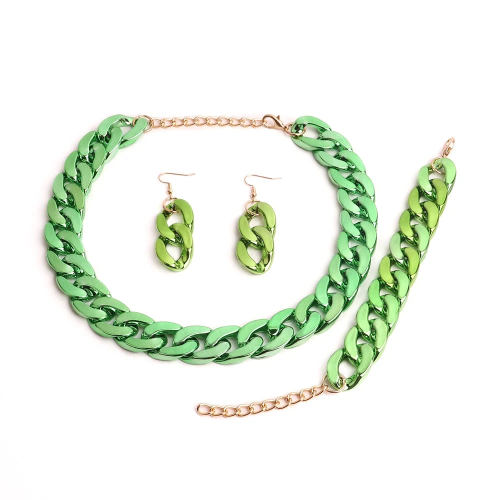 4PCS Acrylic Cuban Chain Necklace Set – Metallic Statement Jewelry for Women Green