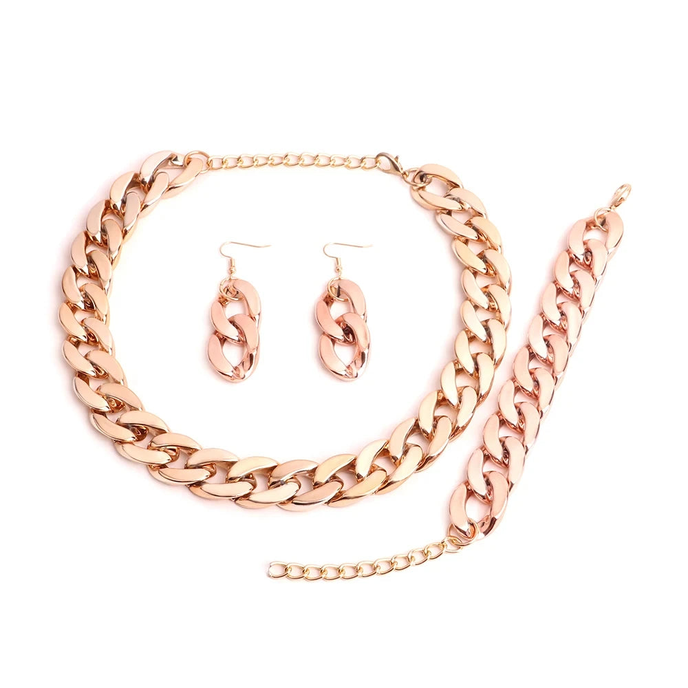 4PCS Acrylic Cuban Chain Necklace Set – Metallic Statement Jewelry for Women Rose Gold