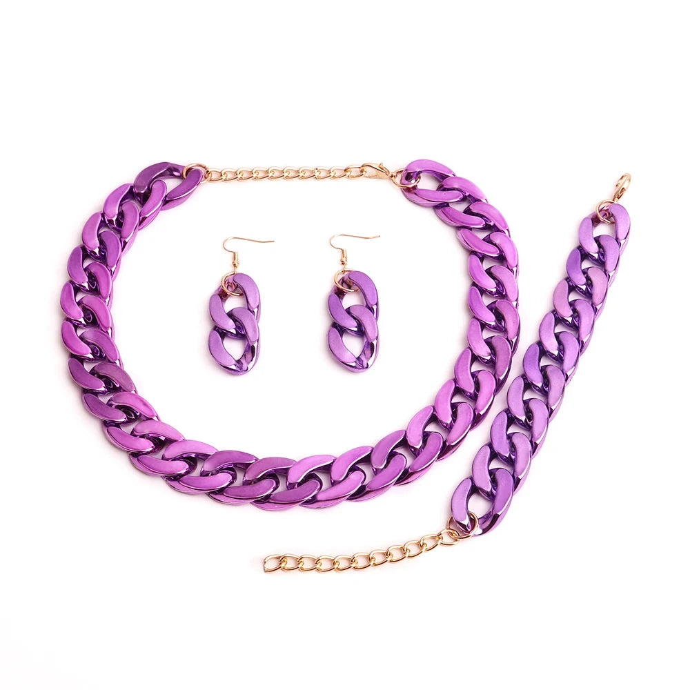 4PCS Acrylic Cuban Chain Necklace Set – Metallic Statement Jewelry for Women Purple