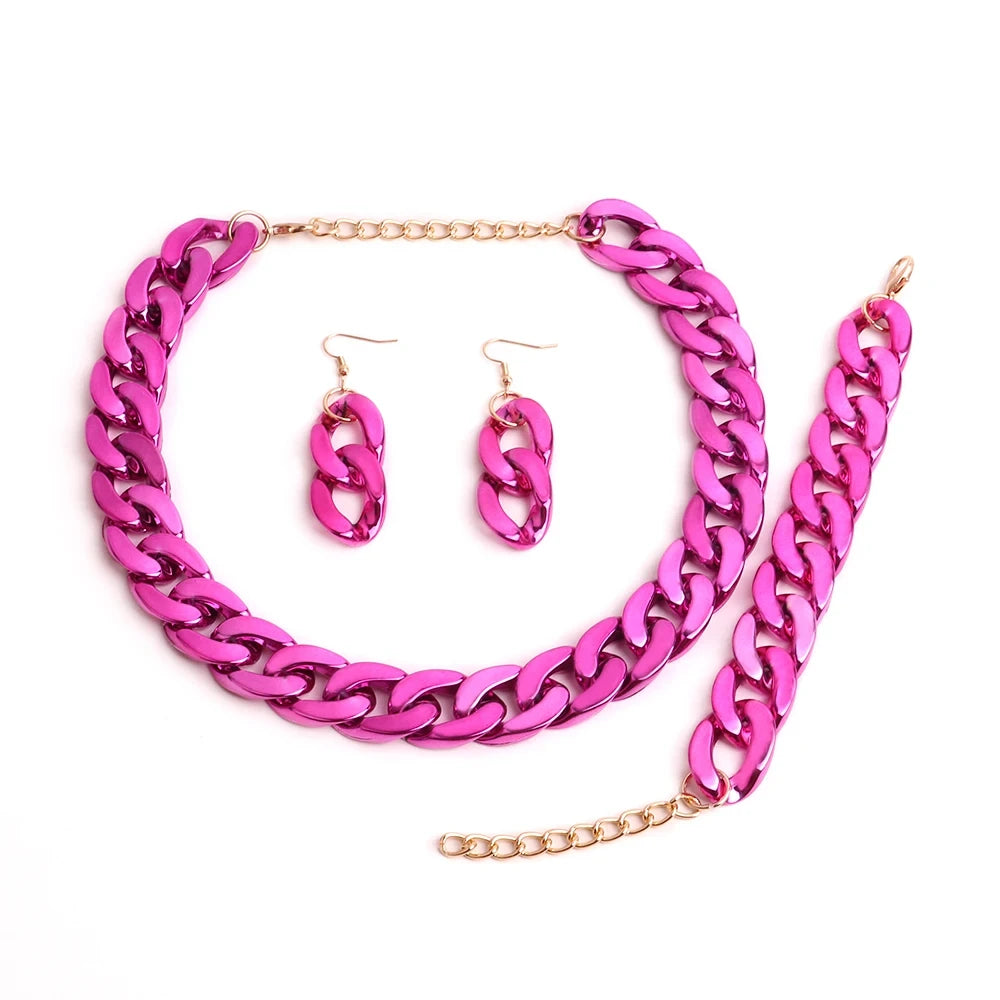 4PCS Acrylic Cuban Chain Necklace Set – Metallic Statement Jewelry for Women Rose color