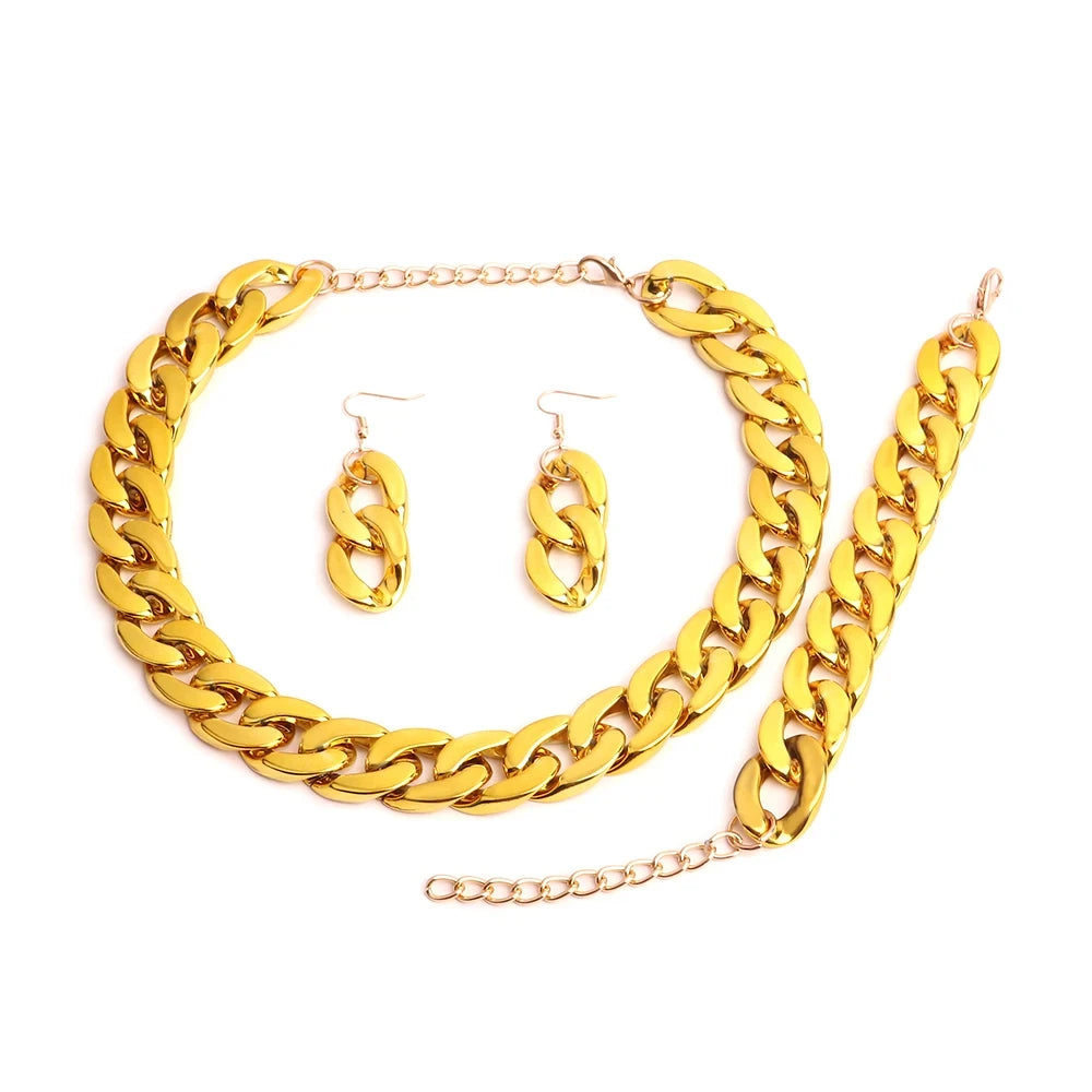4PCS Acrylic Cuban Chain Necklace Set – Metallic Statement Jewelry for Women Yellow Gold