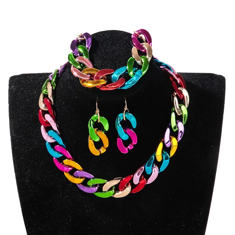 4PCS Acrylic Cuban Chain Necklace Set – Metallic Statement Jewelry for Women