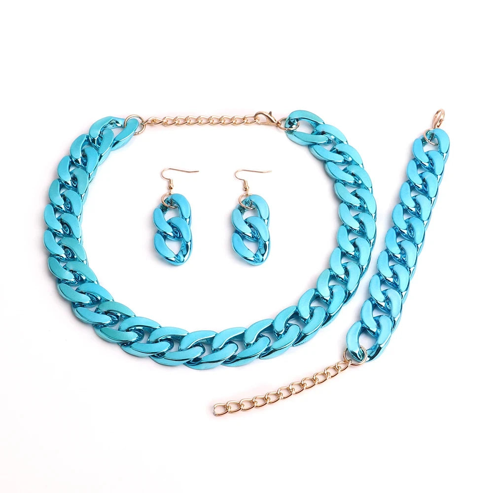 4PCS Acrylic Cuban Chain Necklace Set – Metallic Statement Jewelry for Women Lake blue
