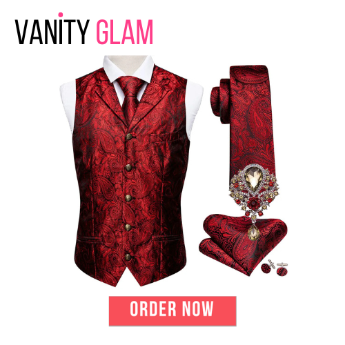 5PCS Classic Mens Wedding Suit Vest Set – Paisley Jacquard Silk Waistcoat Accessories