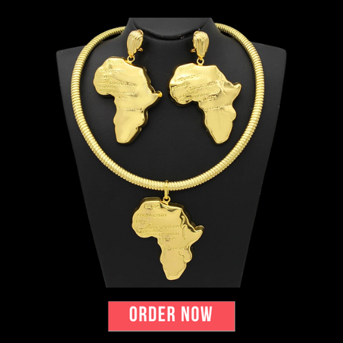 Africa Map Necklace & Earrings Set – 24K Gold Plated Ethiopian Jewelry for Women