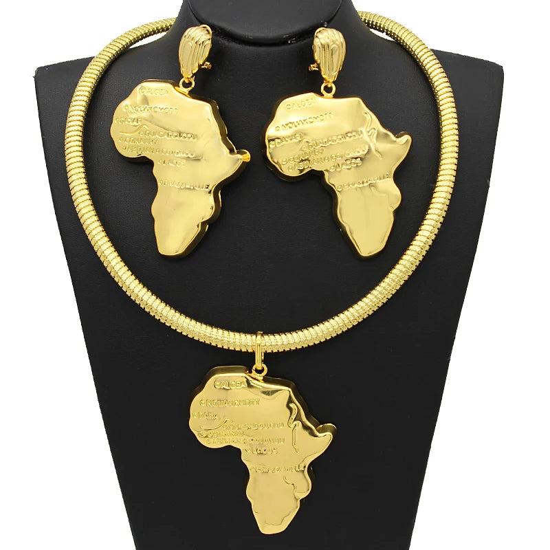 Africa Map Necklace & Earrings Set – 24K Gold Plated Ethiopian Jewelry for Women a