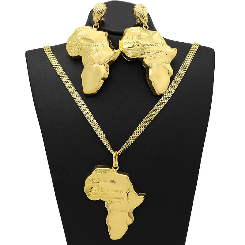 Africa Map Necklace & Earrings Set – 24K Gold Plated Ethiopian Jewelry for Women d