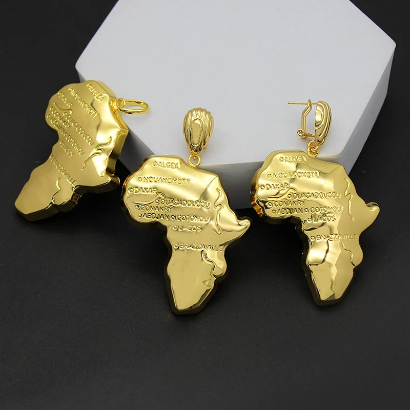 Africa Map Necklace & Earrings Set – 24K Gold Plated Ethiopian Jewelry for Women f