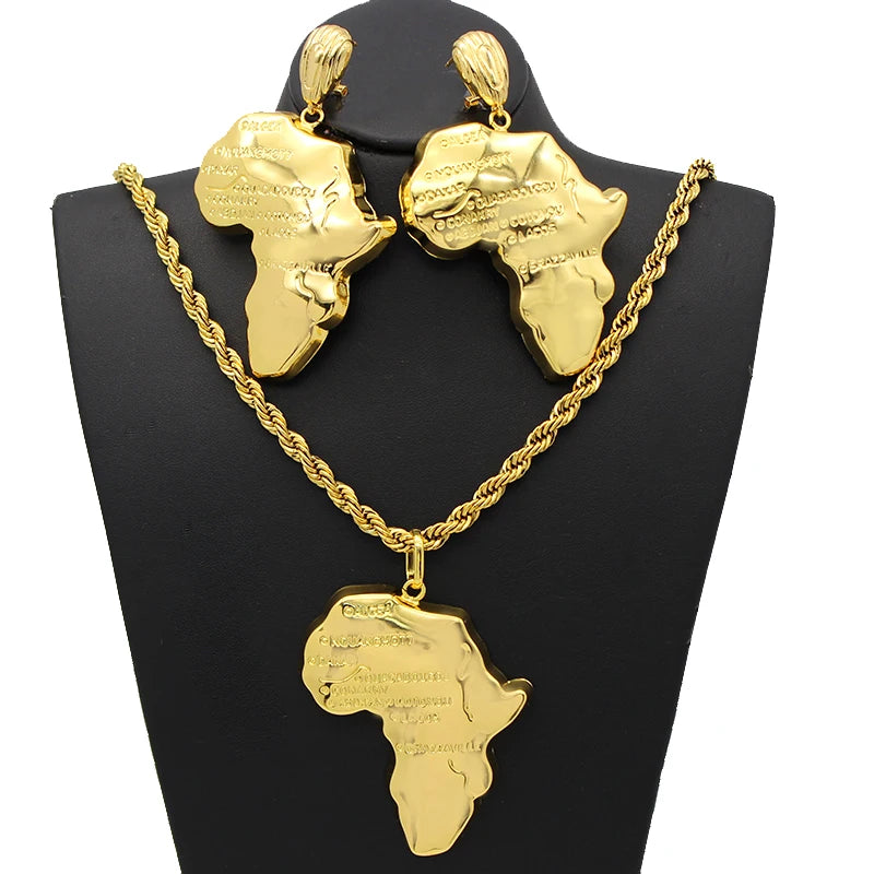 Africa Map Necklace & Earrings Set – 24K Gold Plated Ethiopian Jewelry for Women g