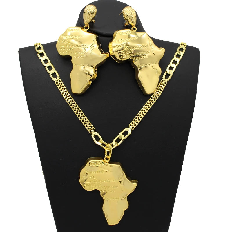 Africa Map Necklace & Earrings Set – 24K Gold Plated Ethiopian Jewelry for Women h