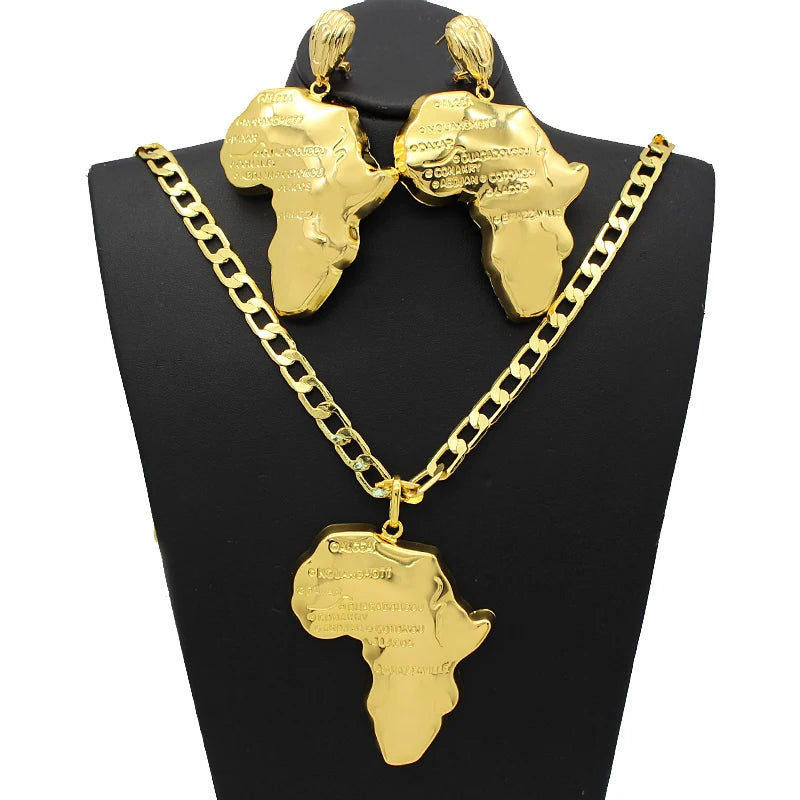 Africa Map Necklace & Earrings Set – 24K Gold Plated Ethiopian Jewelry for Women i