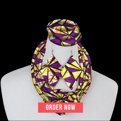 3-Piece African Print Ankara Fabric Jewelry Set – Necklace, Bracelet & Earrings Vanity Glam