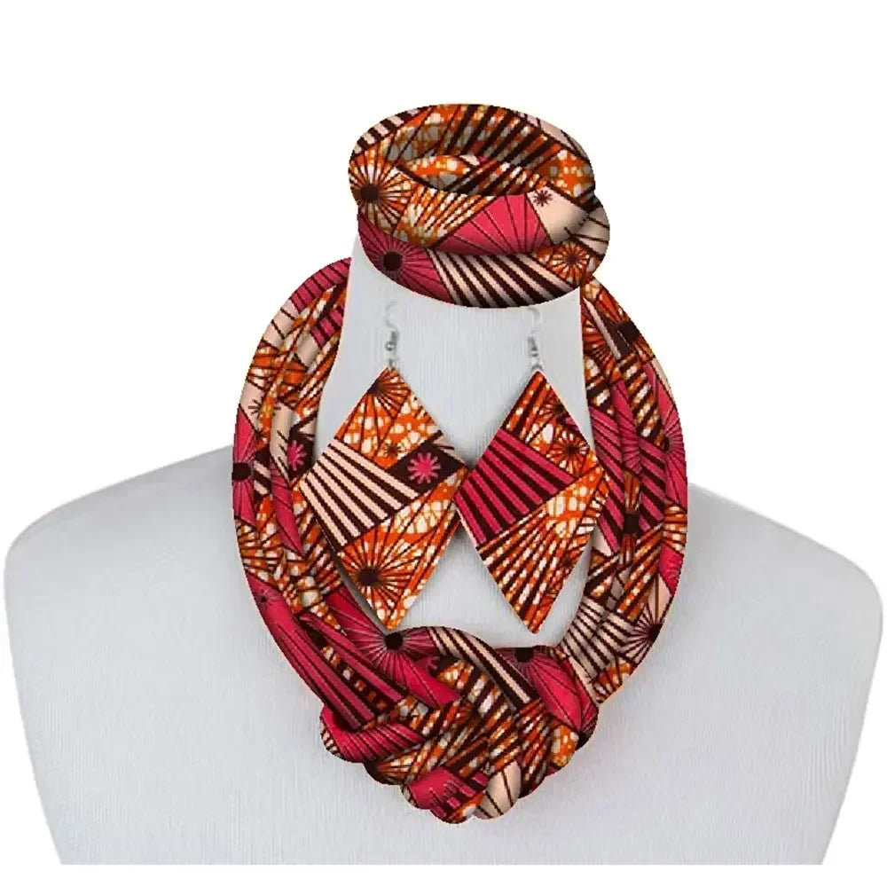 3-Piece African Print Ankara Fabric Jewelry Set – Necklace, Bracelet & Earrings Vanity Glam