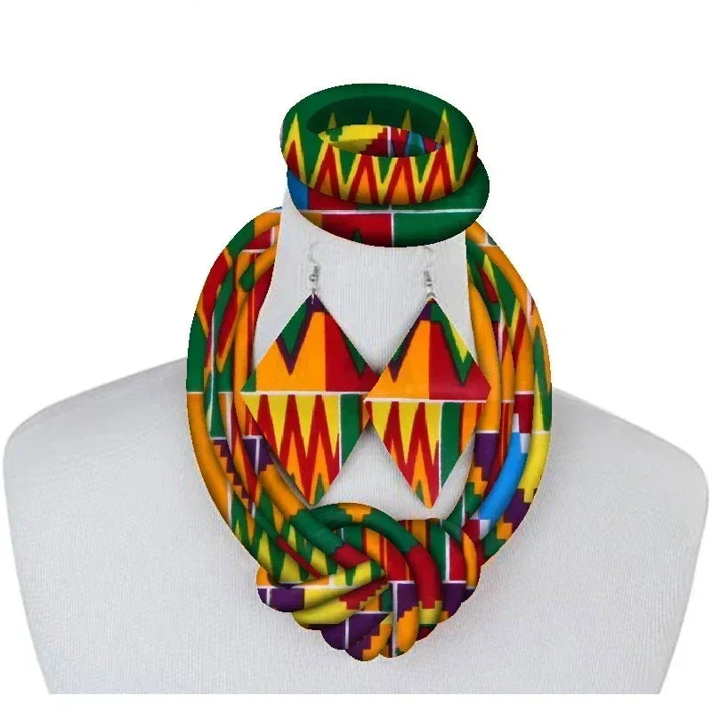 3-Piece African Print Ankara Fabric Jewelry Set – Necklace, Bracelet & Earrings Vanity Glam
