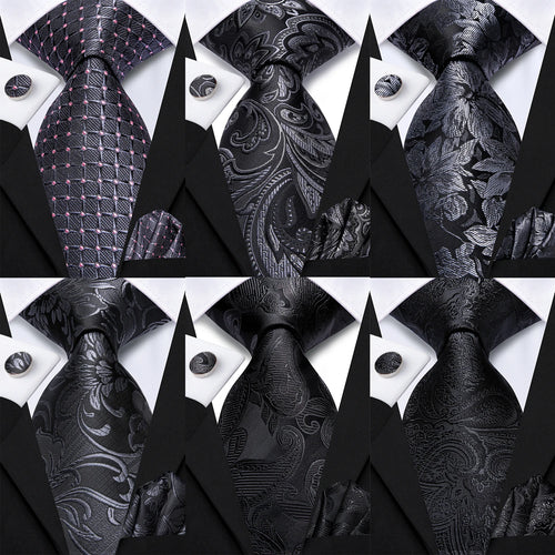 Men’s black and grey floral tie with handkerchief and cufflinks set for wedding or party