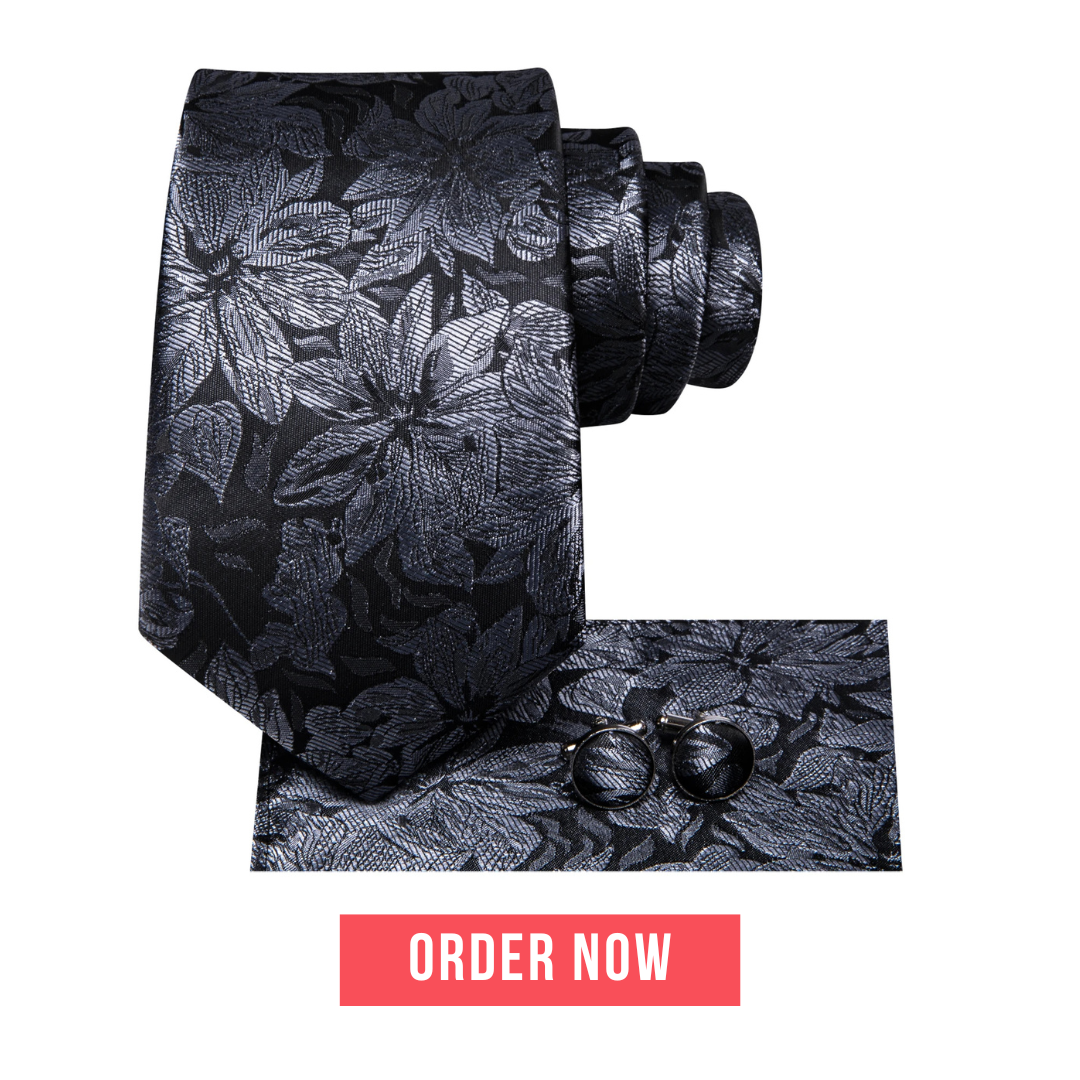 Men’s black and grey floral tie with handkerchief and cufflinks set for wedding or party Vanity Glam