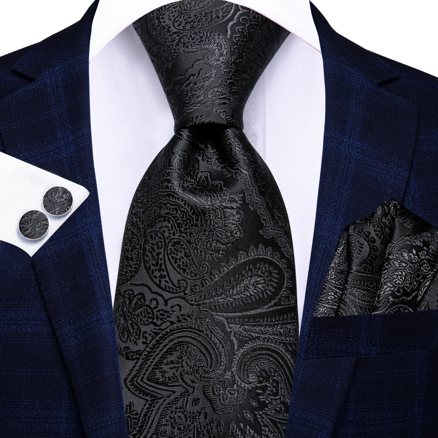 Men’s black and grey floral tie with handkerchief and cufflinks set for wedding or party