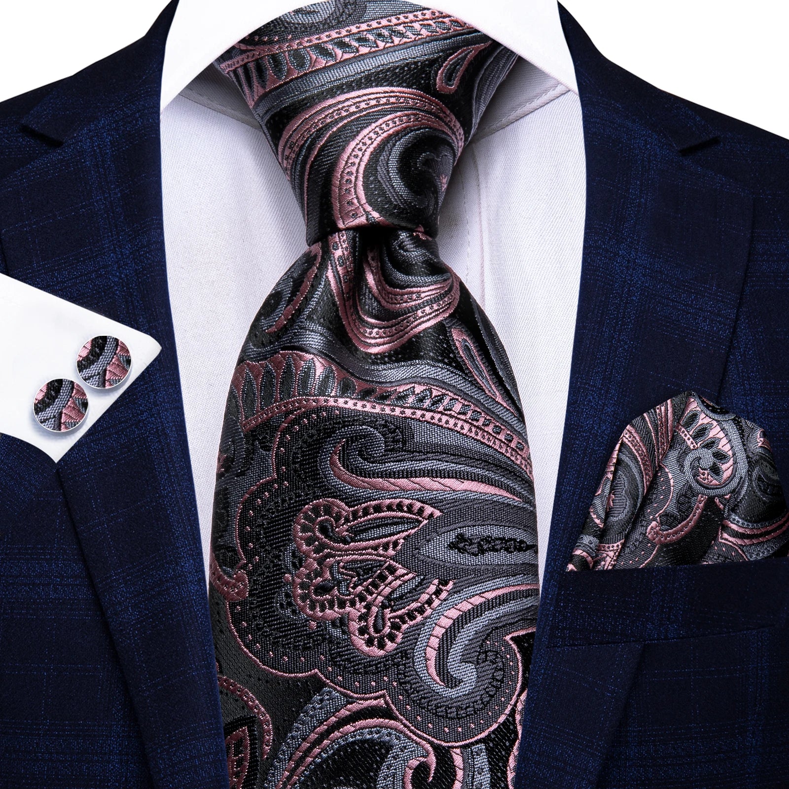 Men’s black and grey floral tie with handkerchief and cufflinks set for wedding or party