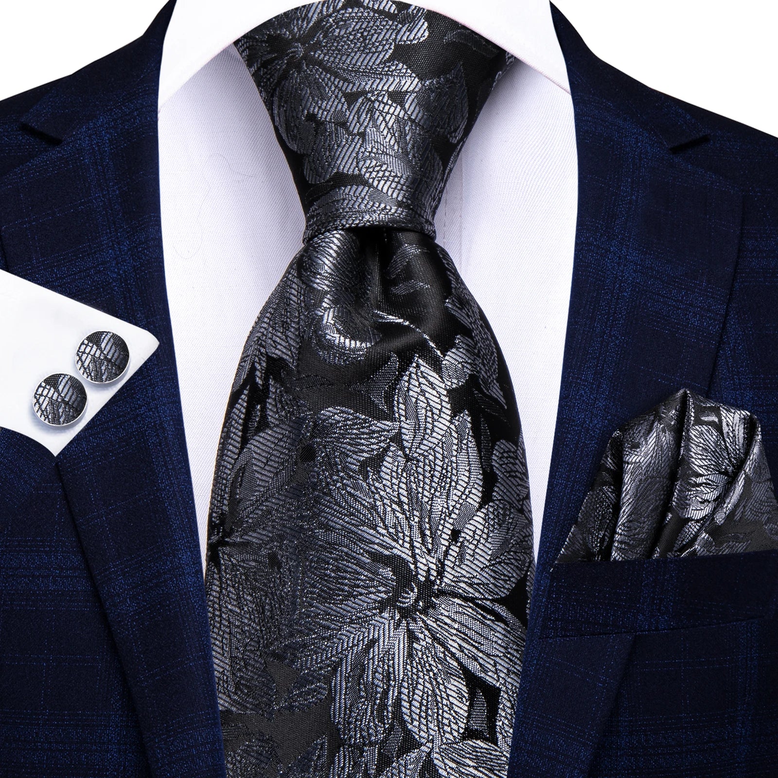 Men’s black and grey floral tie with handkerchief and cufflinks set for wedding or party