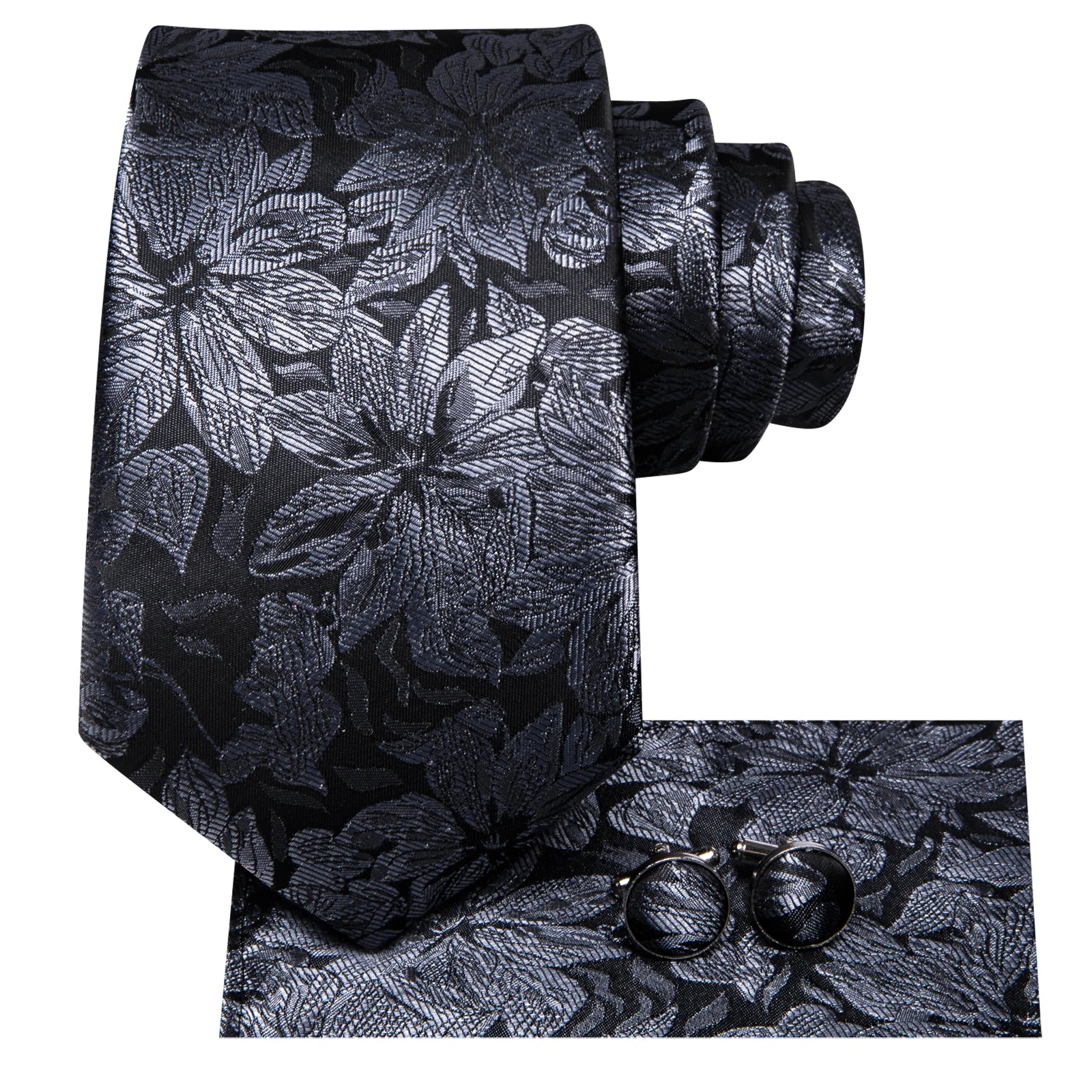 Men’s black and grey floral tie with handkerchief and cufflinks set for wedding or party