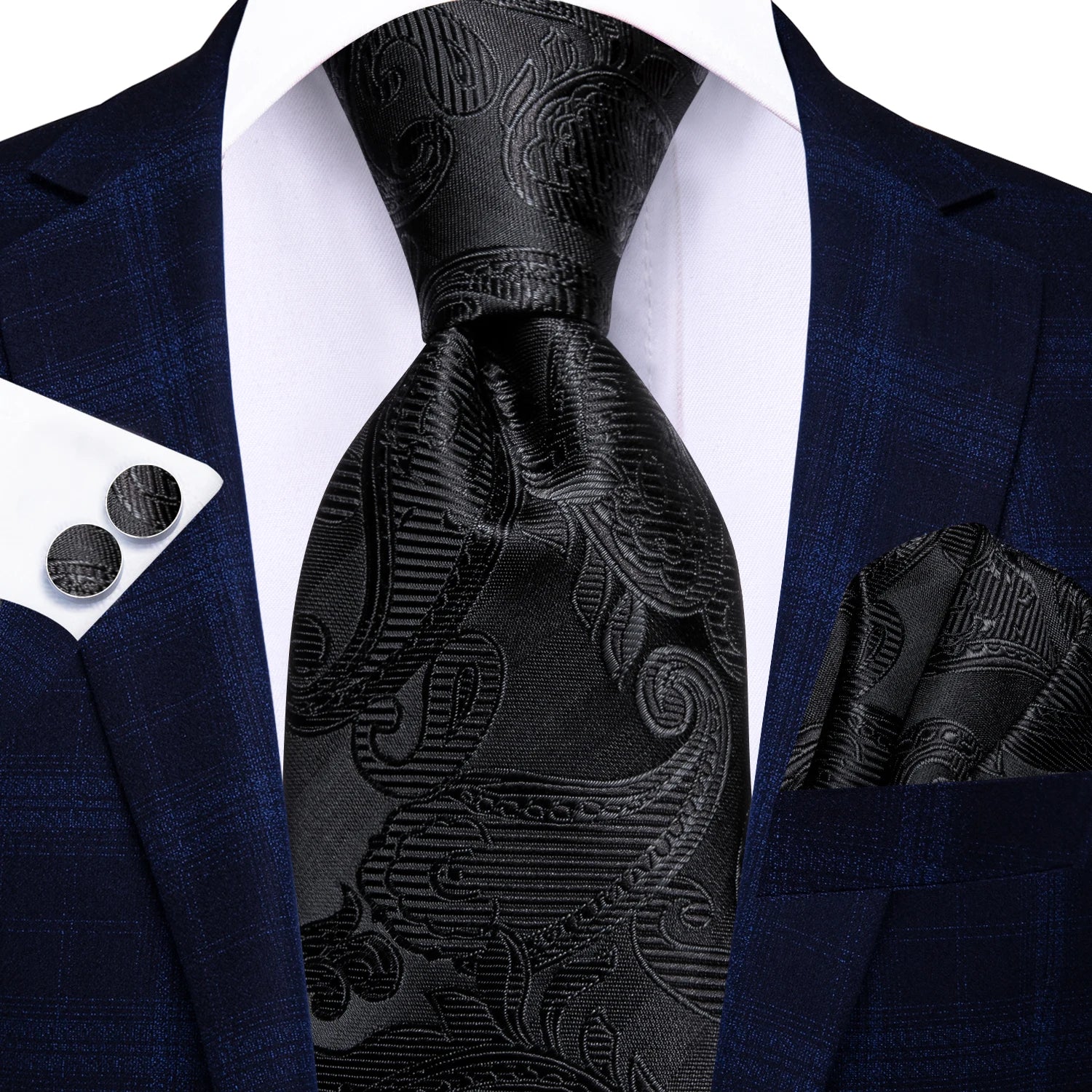 Men’s black and grey floral tie with handkerchief and cufflinks set for wedding or party