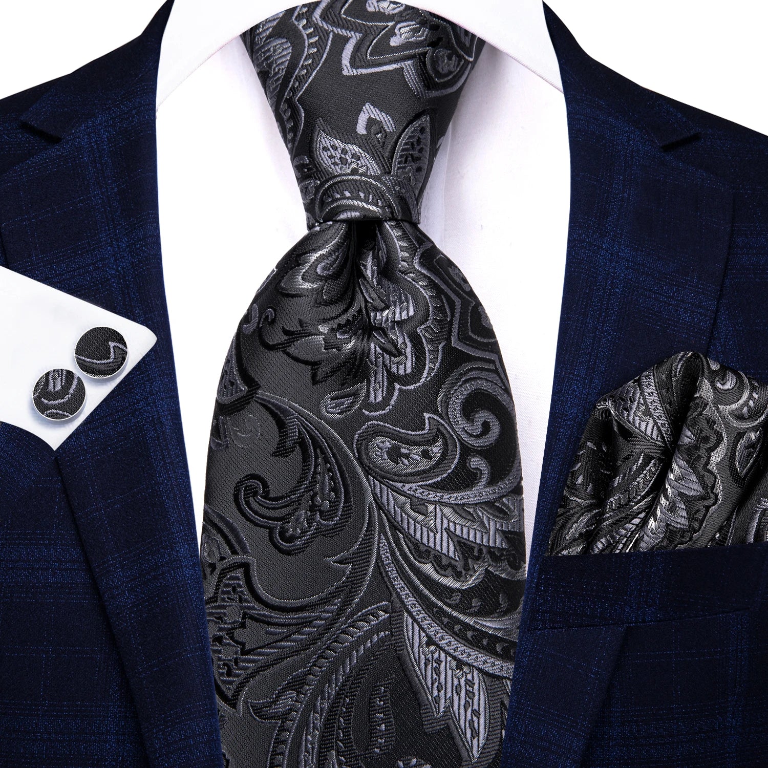 Men’s black and grey floral tie with handkerchief and cufflinks set for wedding or party