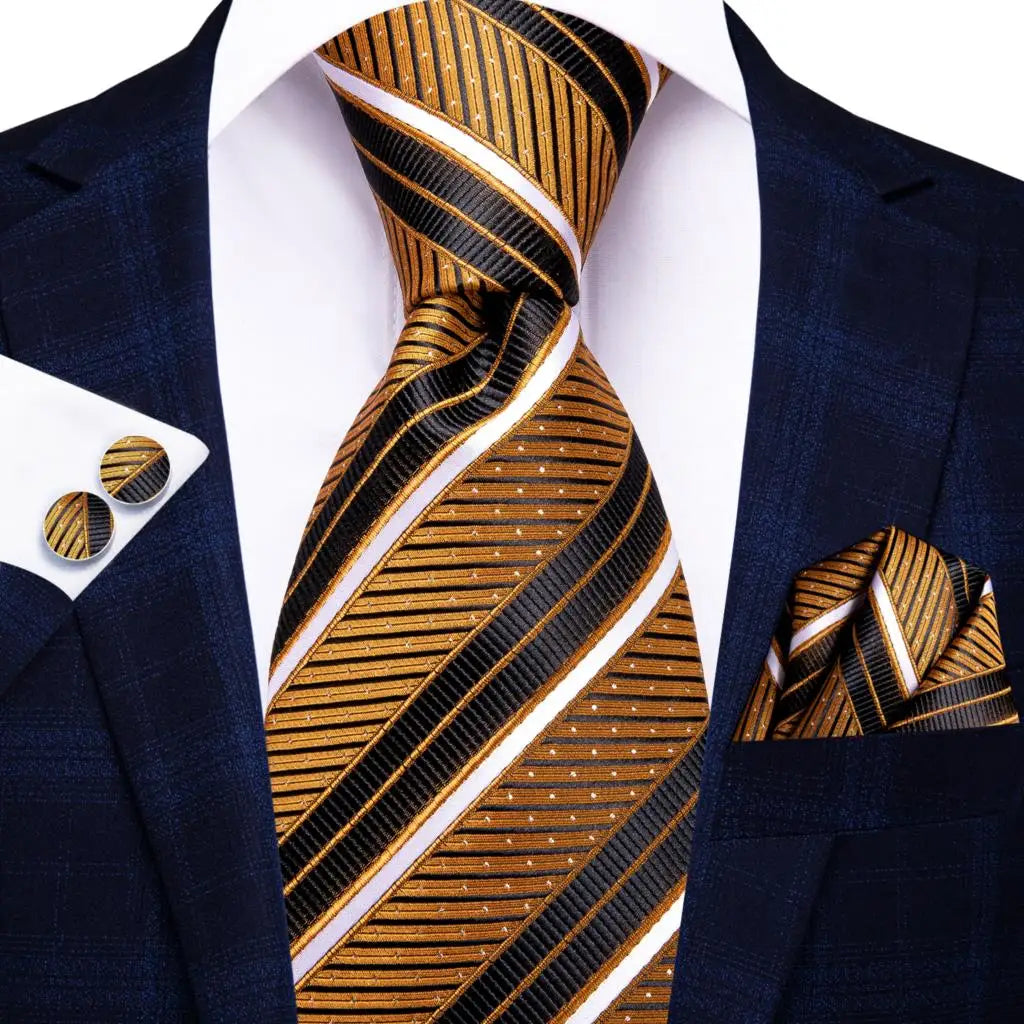 Timeless Fashion – Black Gold Paisley Striped Tie with Accessories 10