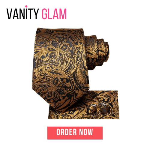 Timeless Fashion – Black Gold Paisley Striped Tie with Accessories Vanity Glam