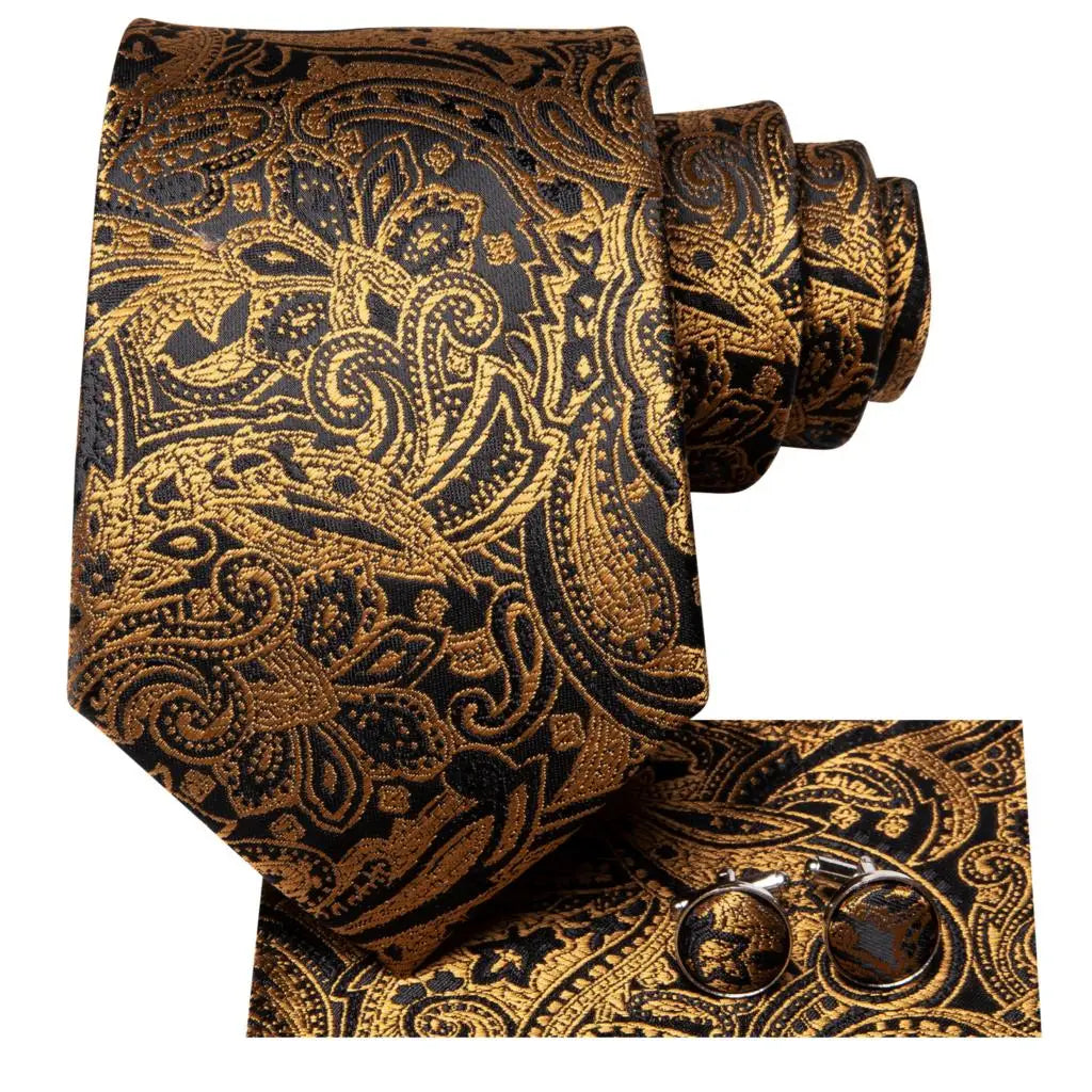 Timeless Fashion – Black Gold Paisley Striped Tie with Accessories a