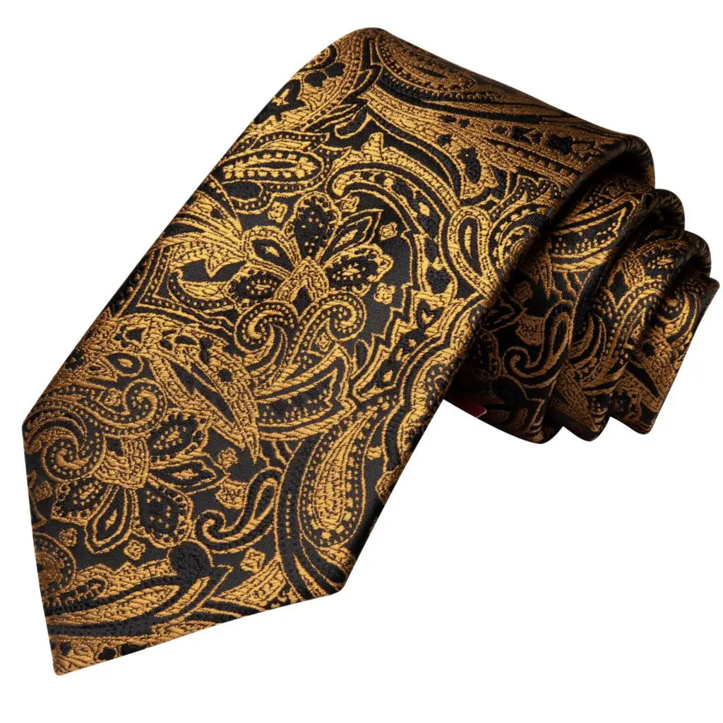 Timeless Fashion – Black Gold Paisley Striped Tie with Accessories b