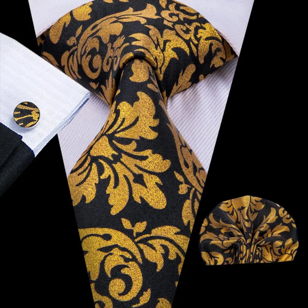 Timeless Fashion – Black Gold Paisley Striped Tie with Accessories e