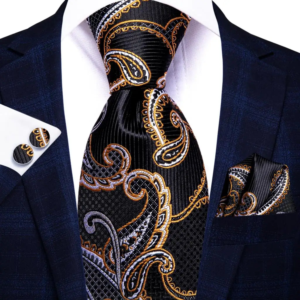 Timeless Fashion – Black Gold Paisley Striped Tie with Accessories f