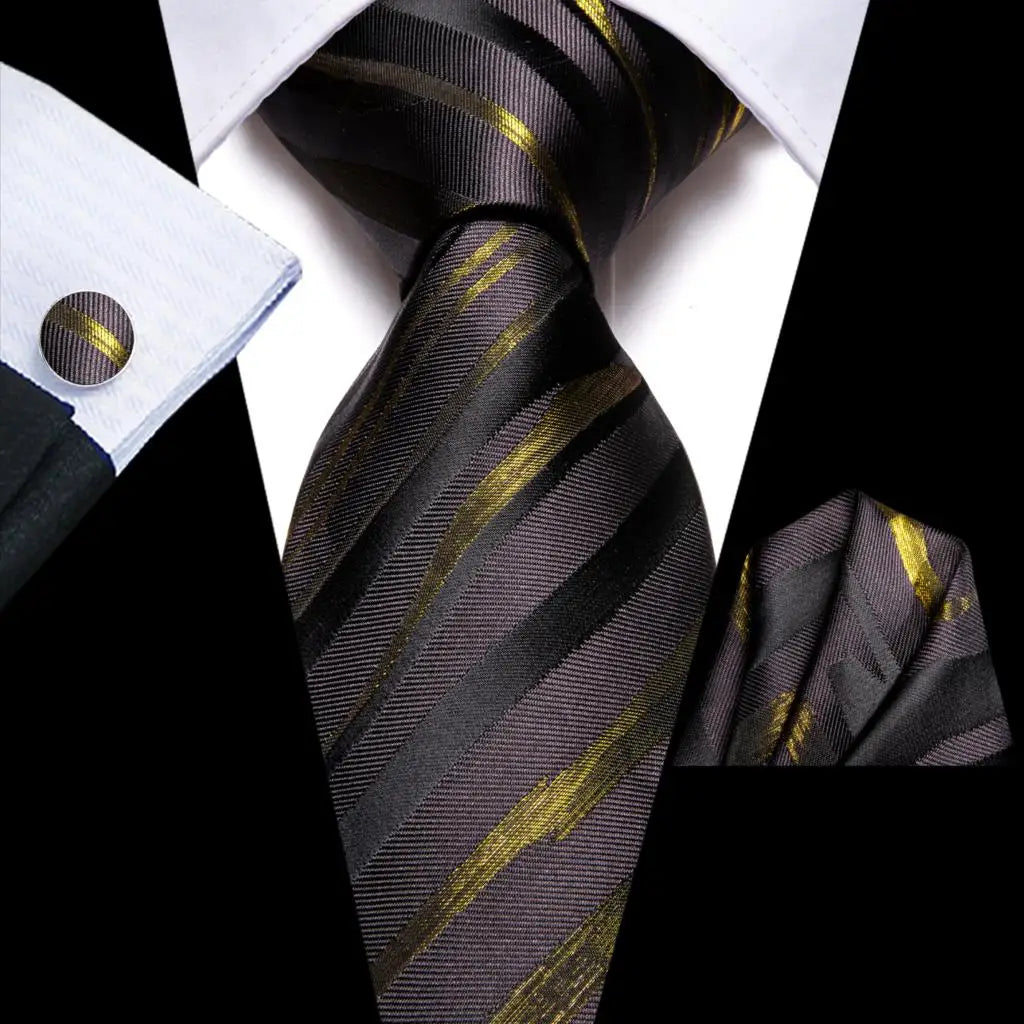 Black Gold Paisley Striped Silk Wedding Tie Set