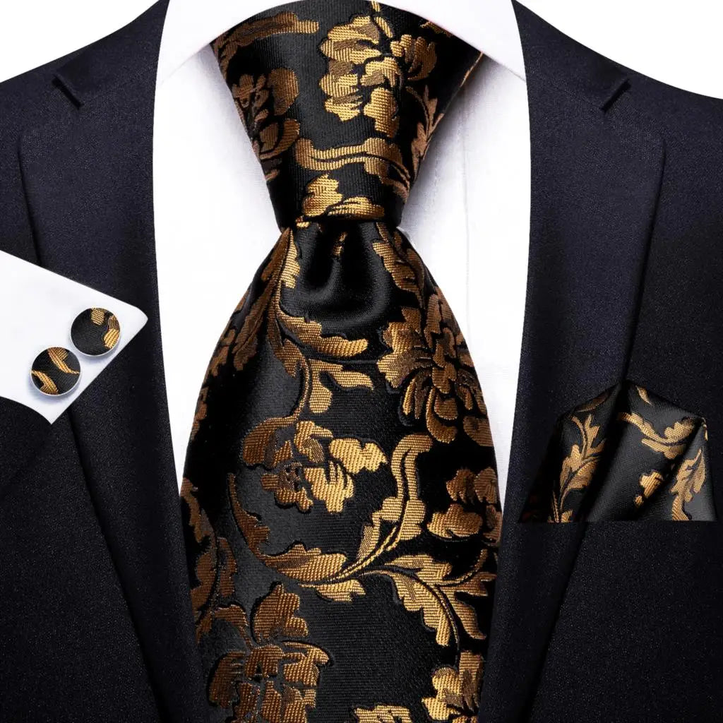 Timeless Fashion – Black Gold Paisley Striped Tie with Accessories l