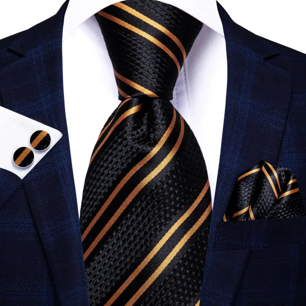 Timeless Fashion – Black Gold Paisley Striped Tie with Accessories t