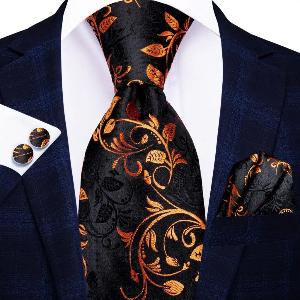 Timeless Fashion – Black Gold Paisley Striped Tie with Accessories u
