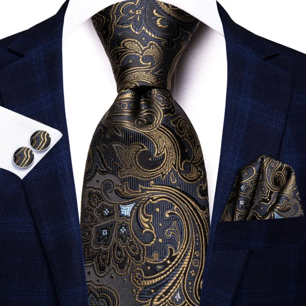 Timeless Fashion – Black Gold Paisley Striped Tie with Accessories w